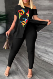 Black Casual Print Slit Letter O Neck Short Sleeve Two Pieces