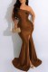 Dark Brown Sexy Print Slit Letter Off the Shoulder Wrapped Skirt Dresses