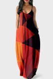 Deep Red Sexy Casual Print Backless Spaghetti Strap Long Dress Dresses
