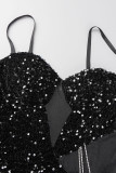 Black Sexy Solid Sequins Patchwork Slit Spaghetti Strap Evening Dress Dresses