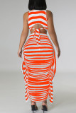 Red Casual Striped Print Patchwork Flounce O Neck Sleeveless Two Pieces
