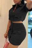 Red Casual Solid Patchwork Buckle Turndown Collar Short Sleeve Two Pieces