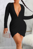 Red Sexy Solid Patchwork V Neck Pencil Skirt Dresses