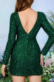 Green Sexy Patchwork Sequins See-through Slit Square Collar Long Sleeve Dresses