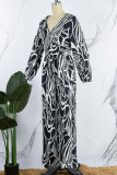Black Casual Print Bandage Patchwork V Neck Straight Jumpsuits