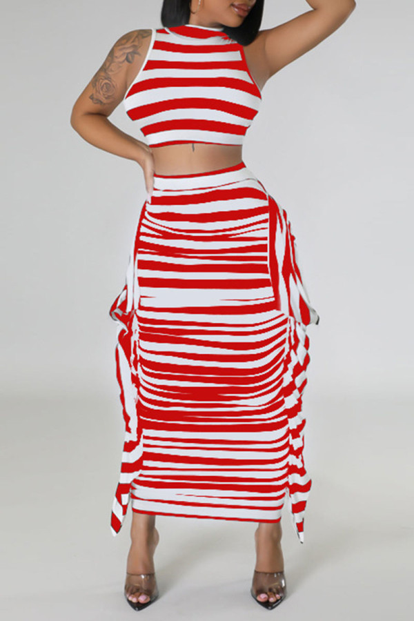 Red Casual Striped Print Patchwork Flounce O Neck Sleeveless Two Pieces