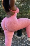 Pink Sexy Casual Solid Backless V Neck Plus Size Jumpsuits