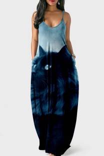 Dark Blue Sexy Casual Print Backless Spaghetti Strap Long Dress Dresses