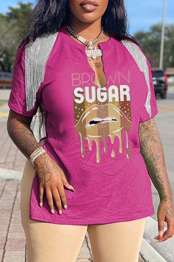 Pink Casual Print Tassel Patchwork V Neck T-Shirts