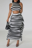Red Casual Striped Print Patchwork Flounce O Neck Sleeveless Two Pieces