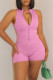 Pink Casual Solid Patchwork Zipper Collar Skinny Rompers