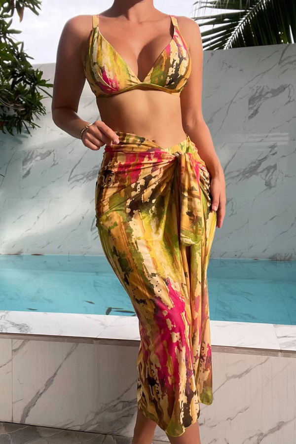 Green Yellow Sexy Print Bandage Patchwork 3 Piece Sets