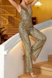 Champagne Sexy Casual Patchwork Sequins Backless V Neck Regular Jumpsuits
