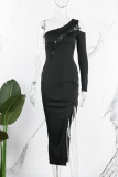 Red Sexy Solid Patchwork Asymmetrical Oblique Collar Irregular Dress Dresses