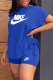 Blue Casual Print Draw String Letter O Neck Short Sleeve Two Pieces