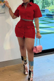 Red Casual Solid Patchwork Buckle Turndown Collar Short Sleeve Two Pieces