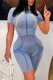 Blue Casual Striped Print Patchwork Turtleneck Short Sleeve Two Pieces