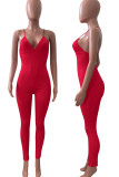 Tangerine Red Sexy Solid Patchwork Spaghetti Strap Skinny Jumpsuits