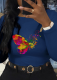 Navy Blue Street Print Butterfly Print Patchwork O Neck Tops