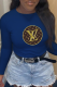 Navy Blue Casual Street Print Patchwork Letter O Neck Tops