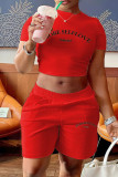 Red Casual Print Patchwork O Neck Short Sleeve Two Pieces