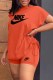 Orange Casual Print Draw String Letter O Neck Short Sleeve Two Pieces
