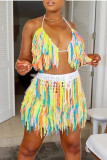 Yellow Sexy Tassel Patchwork Halter Sleeveless Two Pieces