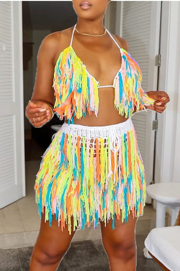 Yellow Sexy Tassel Patchwork Halter Sleeveless Two Pieces