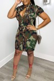 Green Casual Camouflage Print Patchwork Turndown Collar Short Sleeve Dress
