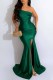 Green Sexy Print Slit Letter Off the Shoulder Wrapped Skirt Dresses