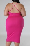 Rose Red Sexy Solid Backless Spaghetti Strap Sleeveless Dress Plus Size Dresses