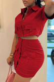 Red Casual Solid Patchwork Buckle Turndown Collar Short Sleeve Two Pieces