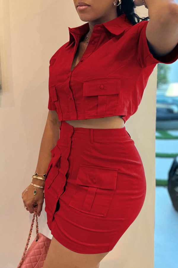 Red Casual Solid Patchwork Buckle Turndown Collar Short Sleeve Two Pieces