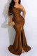 Dark Brown Sexy Print Slit Letter Off the Shoulder Wrapped Skirt Dresses