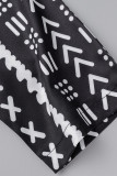 Black Casual Print Patchwork Buttons O Neck Straight Dresses