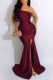 Burgundy Sexy Print Slit Letter Off the Shoulder Wrapped Skirt Dresses