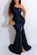 Navy Blue Sexy Print Slit Letter Off the Shoulder Wrapped Skirt Dresses