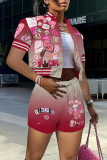 Rose Red Casual Street Print Patchwork Buckle Short Sleeve Two Pieces