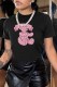 Black Casual Print Letter O Neck T-Shirts