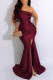 Burgundy Sexy Print Slit Letter Off the Shoulder Wrapped Skirt Dresses