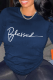 Navy Blue Street Print Patchwork Letter O Neck Tops