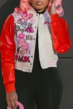 Red White Casual Print Patchwork O Neck Outerwear