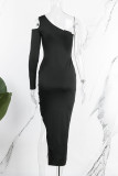 Red Sexy Solid Patchwork Asymmetrical Oblique Collar Irregular Dress Dresses
