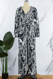 Black Casual Print Bandage Patchwork V Neck Straight Jumpsuits