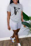 Grey Casual Print Patchwork O Neck T-Shirts