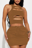 Red Sexy Solid Hollowed Out Patchwork O Neck Sleeveless Two Pieces