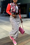 Red White Casual Print Patchwork O Neck Outerwear