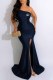 Navy Blue Sexy Print Slit Letter Off the Shoulder Wrapped Skirt Dresses