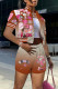 Brown Casual Street Print Patchwork Buckle Short Sleeve Two Pieces