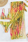 Green Yellow Sexy Print Bandage Patchwork 3 Piece Sets